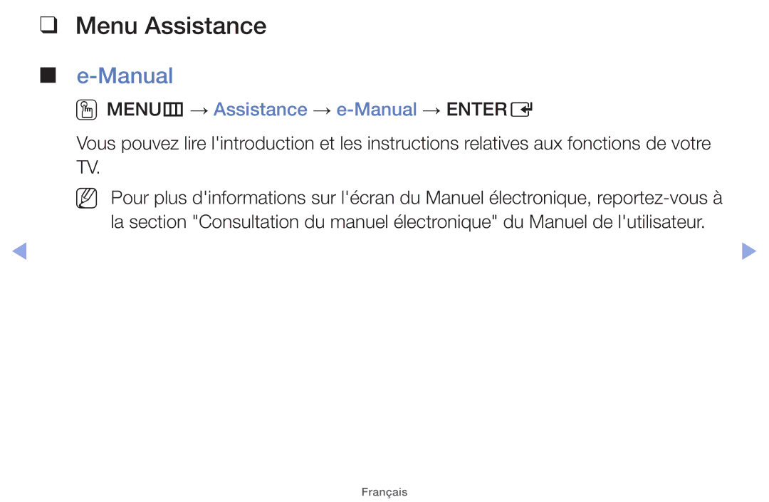 Samsung UE19ES4000WXZF, UE22ES5000WXZF, UE26EH4000WXZF manual Menu Assistance, OOMENUm → Assistance → e-Manual → Entere 