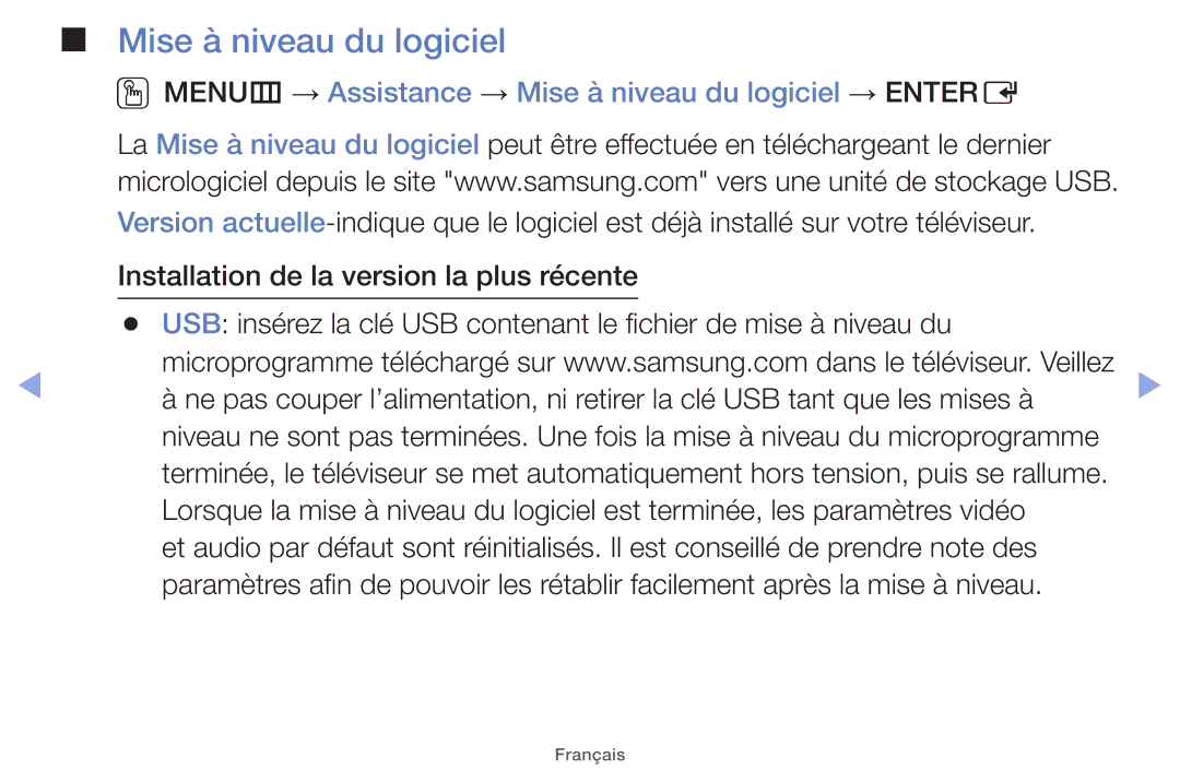 Samsung UE26EH4000WXZF, UE22ES5000WXZF, UE46EH5000WXZF manual OOMENUm → Assistance → Mise à niveau du logiciel → Entere 