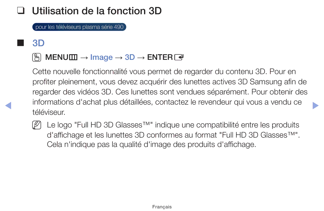 Samsung UE19ES4000WXZF, UE22ES5000WXZF, UE26EH4000WXZF manual Utilisation de la fonction 3D, OOMENUm → Image → 3D → Entere 