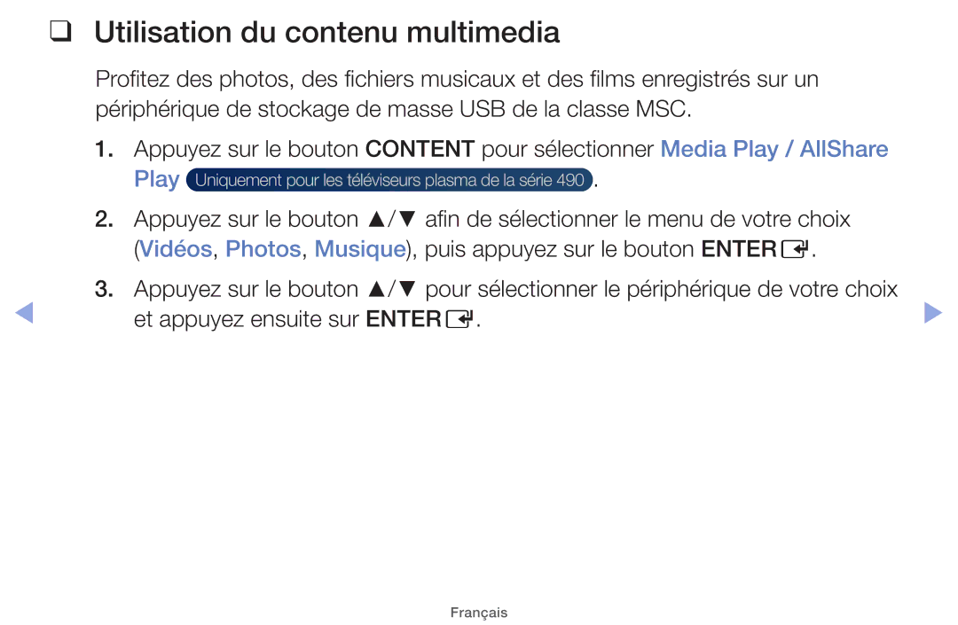 Samsung UE26EH4000WXZF, UE22ES5000WXZF, UE46EH5000WXZF Utilisation du contenu multimedia, Et appuyez ensuite sur Entere 