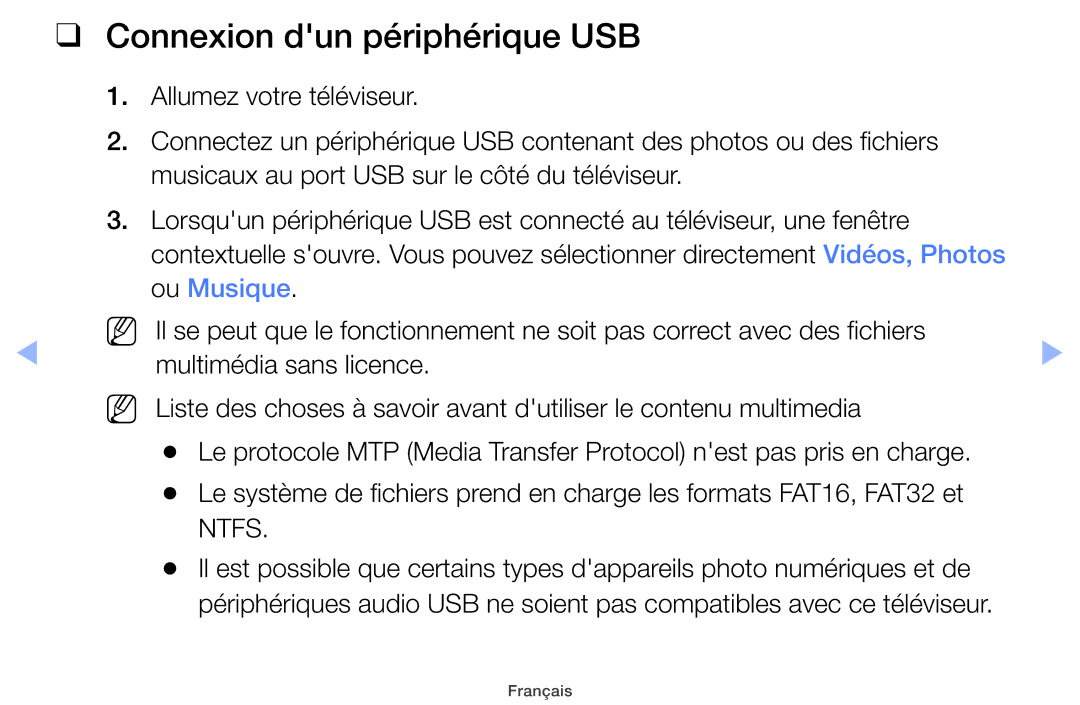 Samsung UE46EH5000WXZF, UE22ES5000WXZF manual Connexion dun périphérique USB, Prend en charge les formats FAT16, FAT32 et 