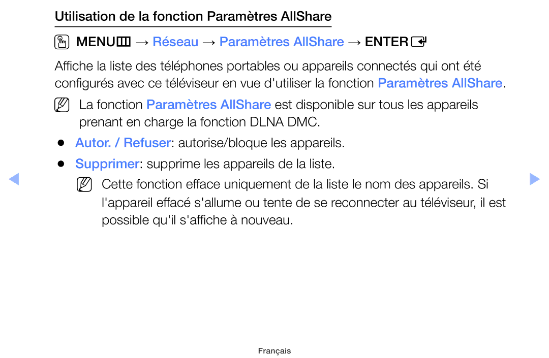 Samsung UE60EH6000SXZF, UE22ES5000WXZF Utilisation de la fonction Paramètres AllShare, Possible quil saffiche à nouveau 