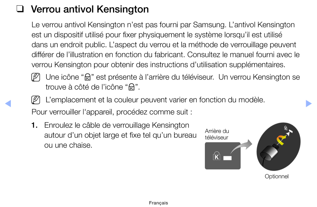 Samsung UE32EH4000WXZF manual Verrou antivol Kensington, Autour d’un objet large et fixe tel qu’un bureau, Ou une chaise 