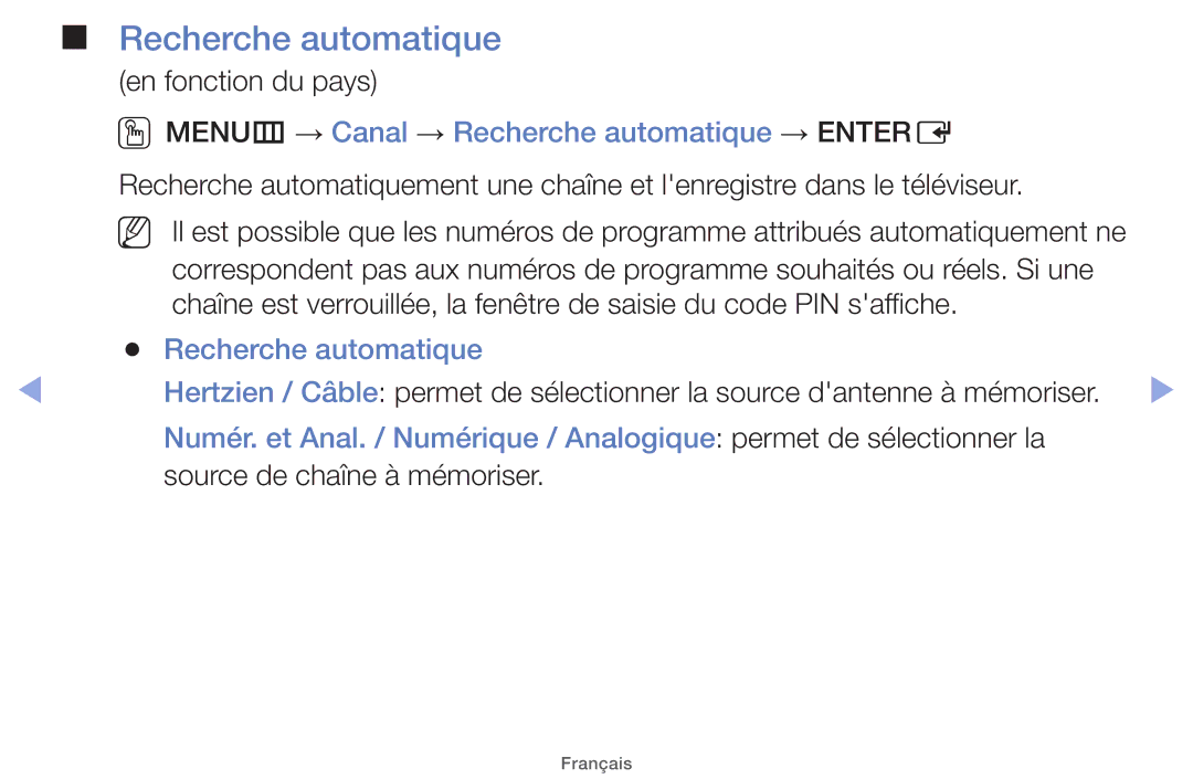 Samsung UE40EH5000WXZF, UE22ES5000WXZF manual En fonction du pays, OOMENUm → Canal → Recherche automatique → Entere 