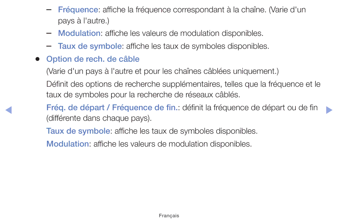 Samsung UE60EH6000SXZF, UE22ES5000WXZF manual Modulation disponibles, De symboles disponibles, Option de rech. de câble 