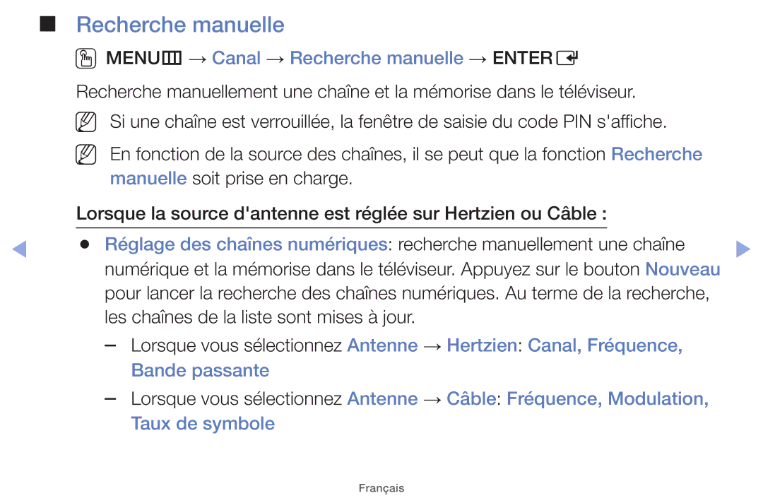 Samsung UE22ES5000WXZF manual OOMENUm → Canal → Recherche manuelle → Entere, Les chaînes de la liste sont mises à jour 