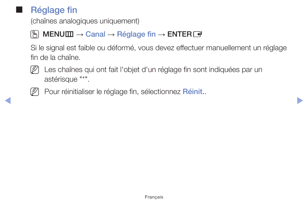 Samsung UE32EH5000WXZF, UE22ES5000WXZF Chaînes analogiques uniquement, OOMENUm → Canal → Réglage fin → Entere, Réinit 