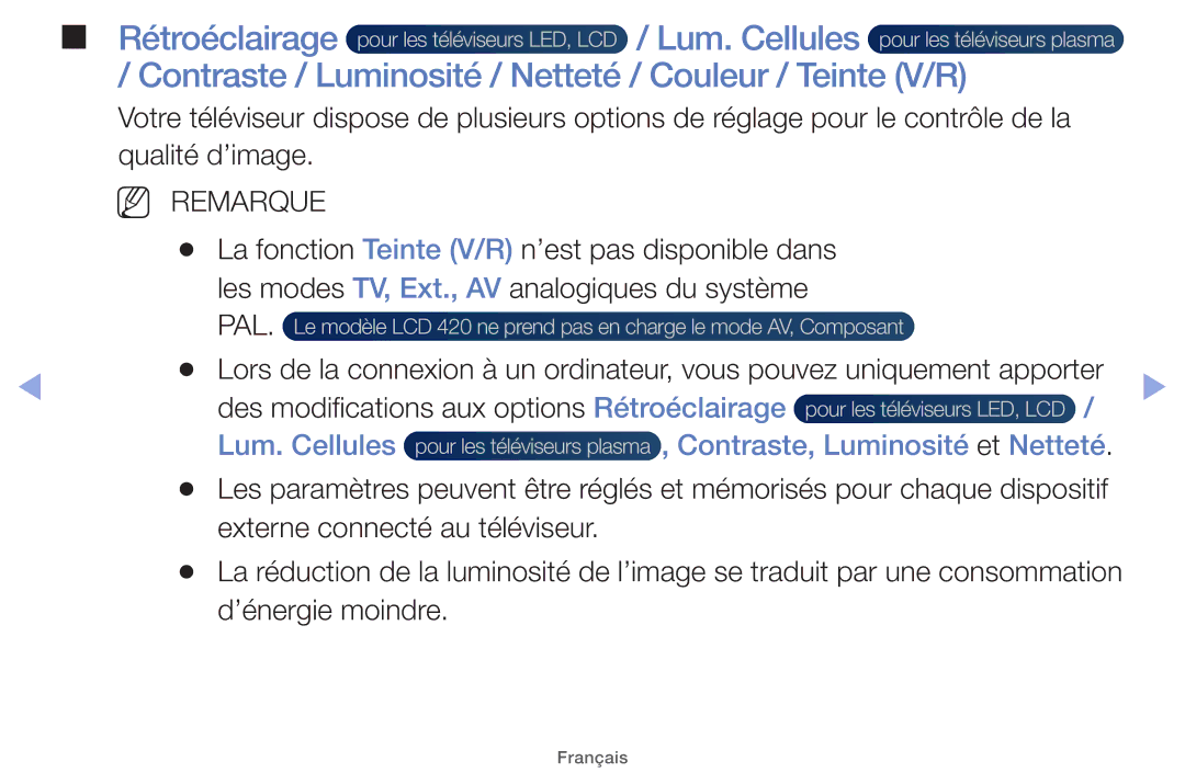 Samsung UE60EH6000SXZF manual Rétroéclairage Lum. Cellules, Contraste / Luminosité / Netteté / Couleur / Teinte V/R 