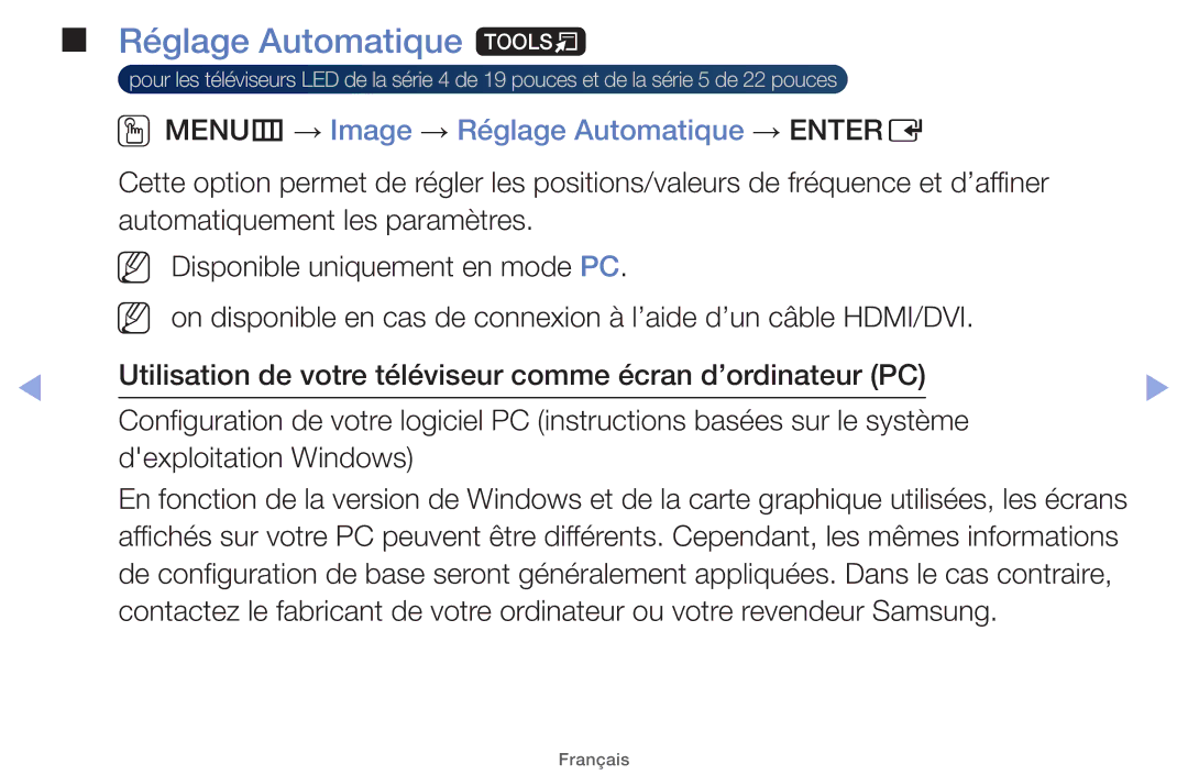 Samsung UE19ES4000WXZF, UE22ES5000WXZF manual Réglage Automatique t, OOMENUm → Image → Réglage Automatique → Entere 