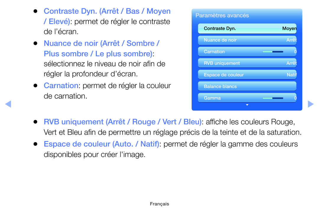 Samsung UE26EH4000WXZF, UE22ES5000WXZF Contraste Dyn. Arrêt / Bas / Moyen, Elevé permet de régler le contraste de l’écran 