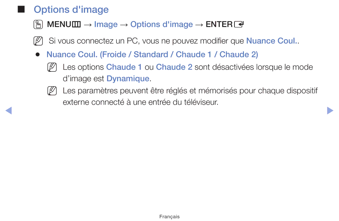 Samsung UE32EH5000WXZF OOMENUm → Image → Options dimage → Entere, Nuance Coul. Froide / Standard / Chaude 1 / Chaude 