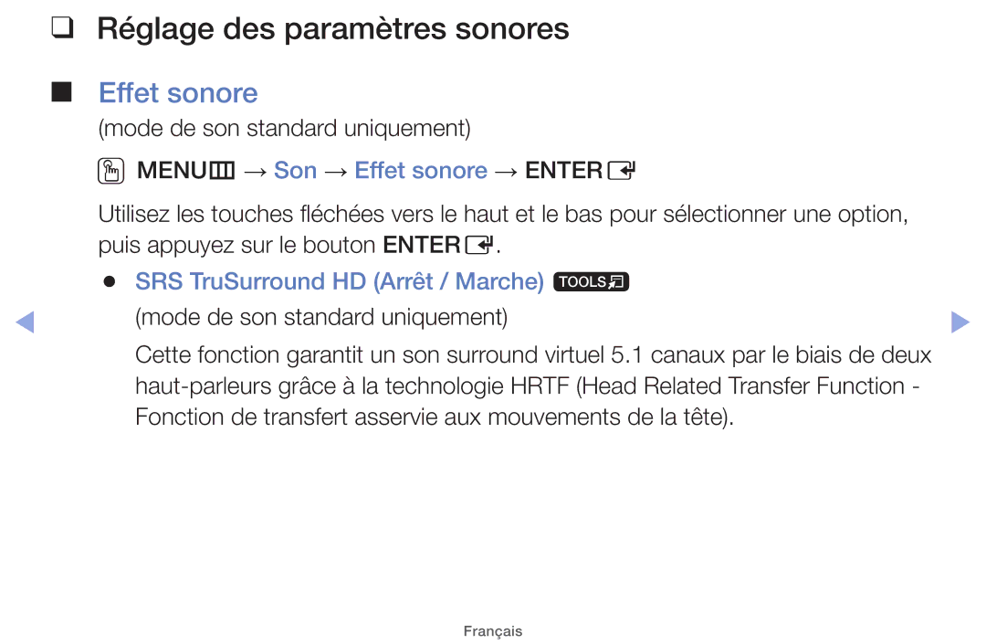 Samsung UE22ES5000WXZF, UE26EH4000WXZF manual Réglage des paramètres sonores, OOMENUm → Son → Effet sonore → Entere 