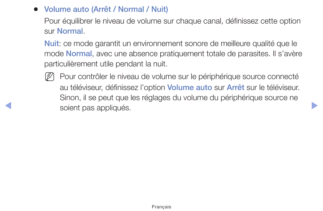 Samsung UE22ES5000WXZF manual Volume auto Arrêt / Normal / Nuit, Option, Sur Normal, Particulièrement utile pendant la nuit 