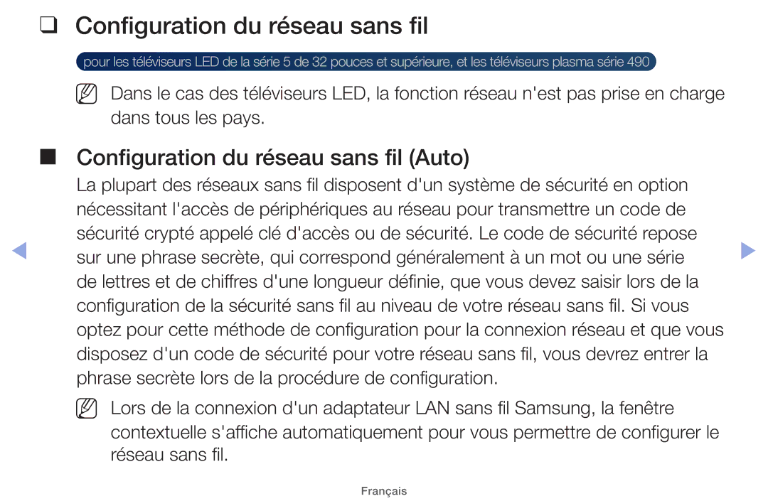 Samsung UE60EH6000SXZF, UE22ES5000WXZF, UE26EH4000WXZF, UE46EH5000WXZF manual Configuration du réseau sans fil Auto 