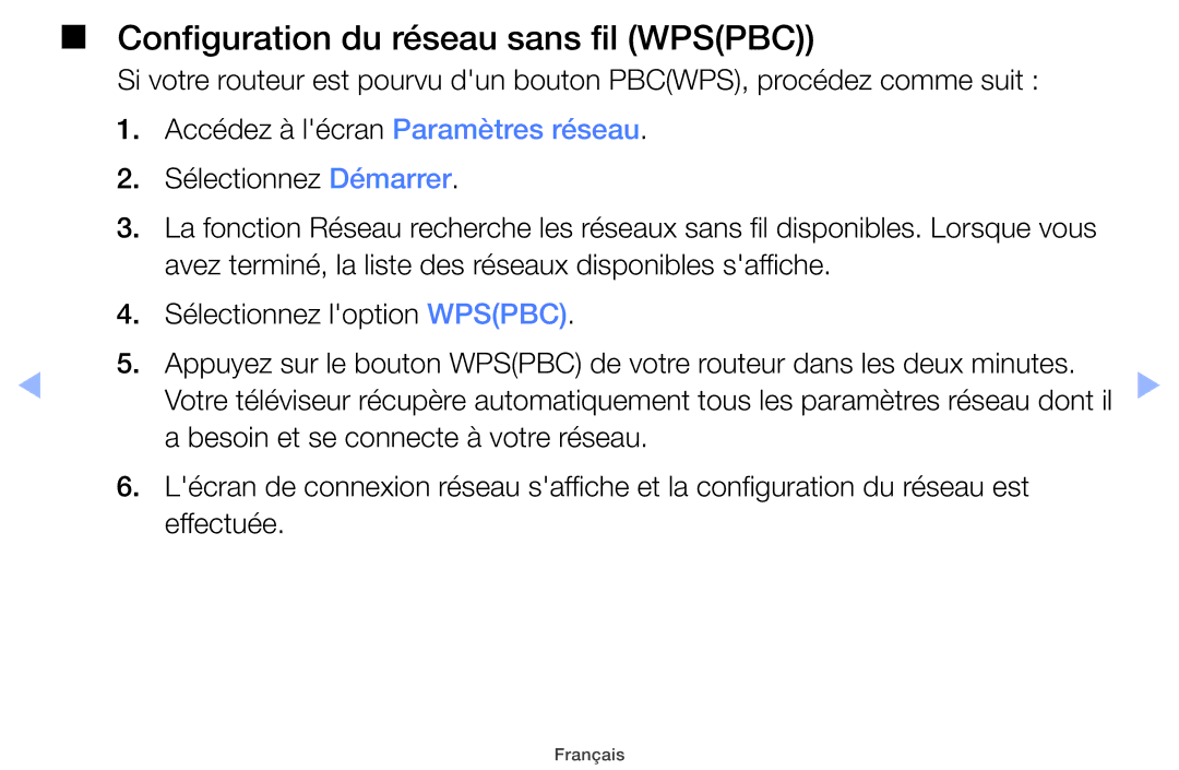 Samsung UE32EH4000WXZF, UE22ES5000WXZF, UE26EH4000WXZF, UE46EH5000WXZF manual Configuration du réseau sans fil Wpspbc 