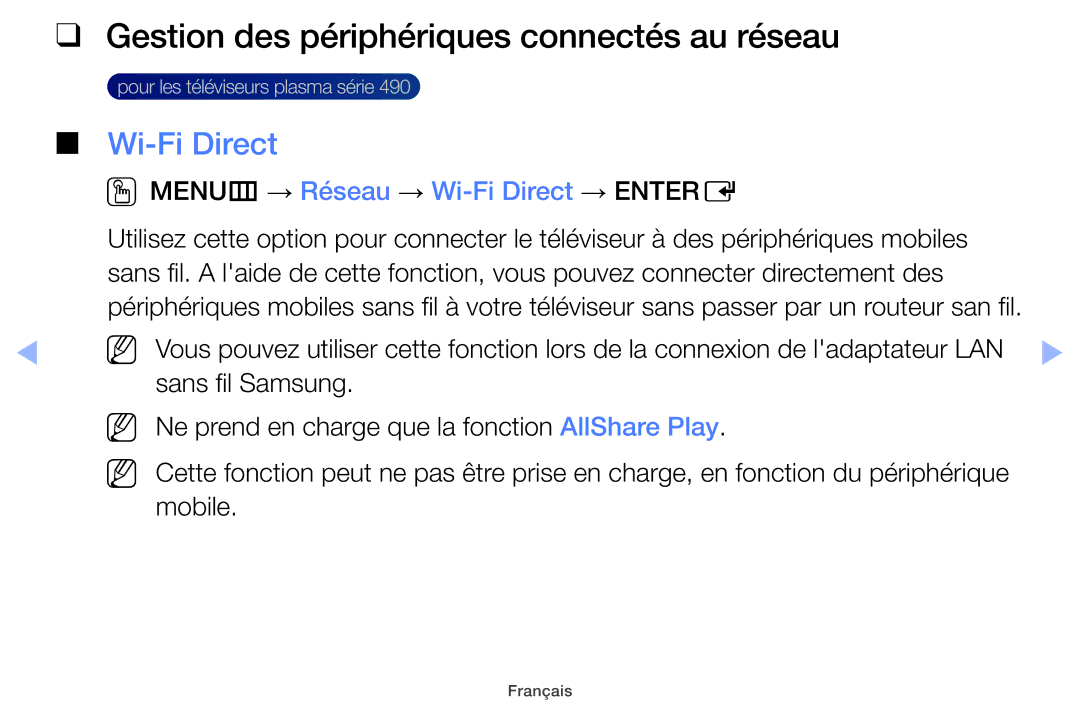 Samsung UE22ES5000WXZF, UE26EH4000WXZF, UE46EH5000WXZF manual Gestion des périphériques connectés au réseau, Wi-Fi Direct 