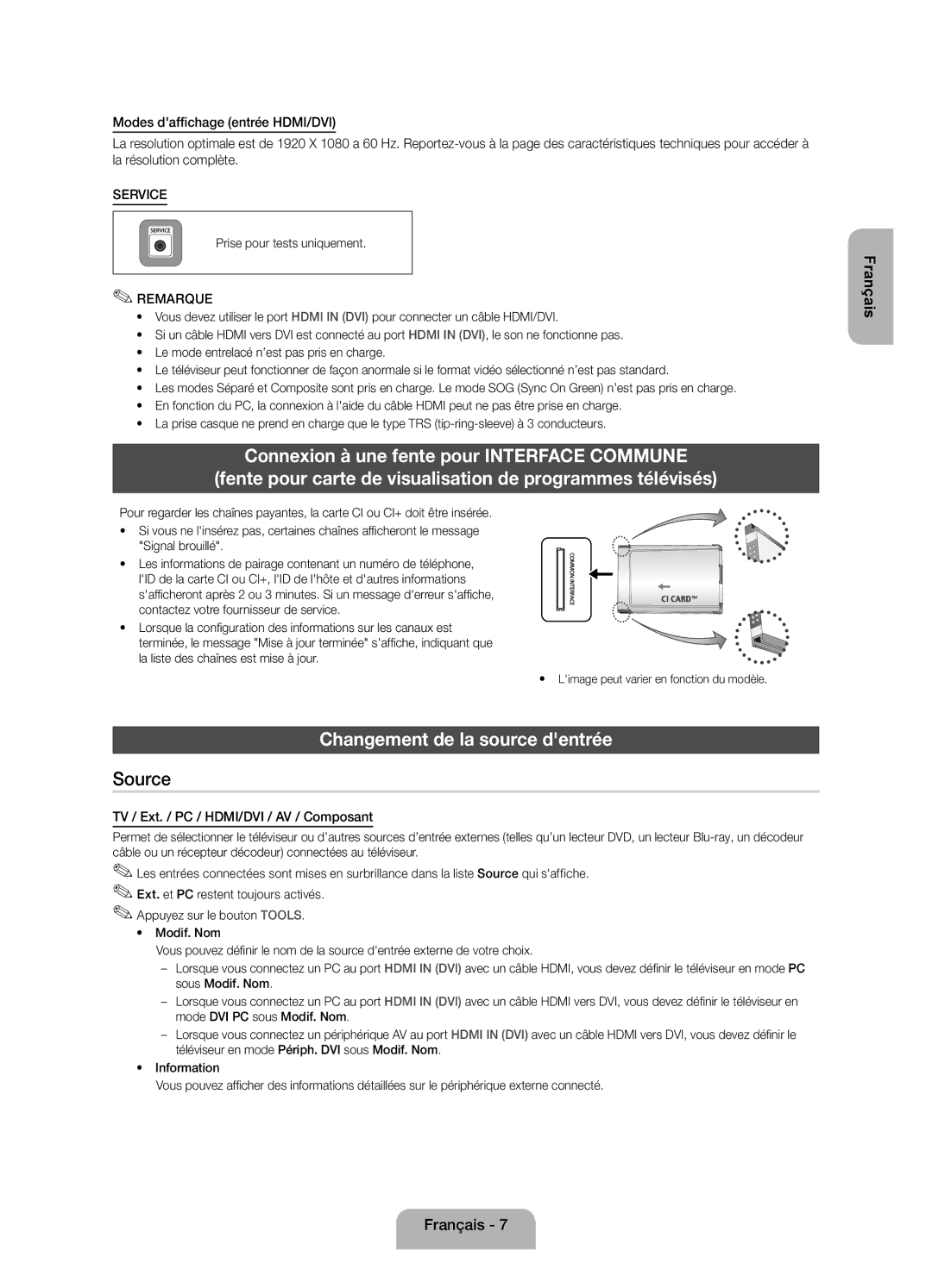 Samsung UE22ES5000WXZF manual Changement de la source dentrée, TV / Ext. / PC / HDMI/DVI / AV / Composant 