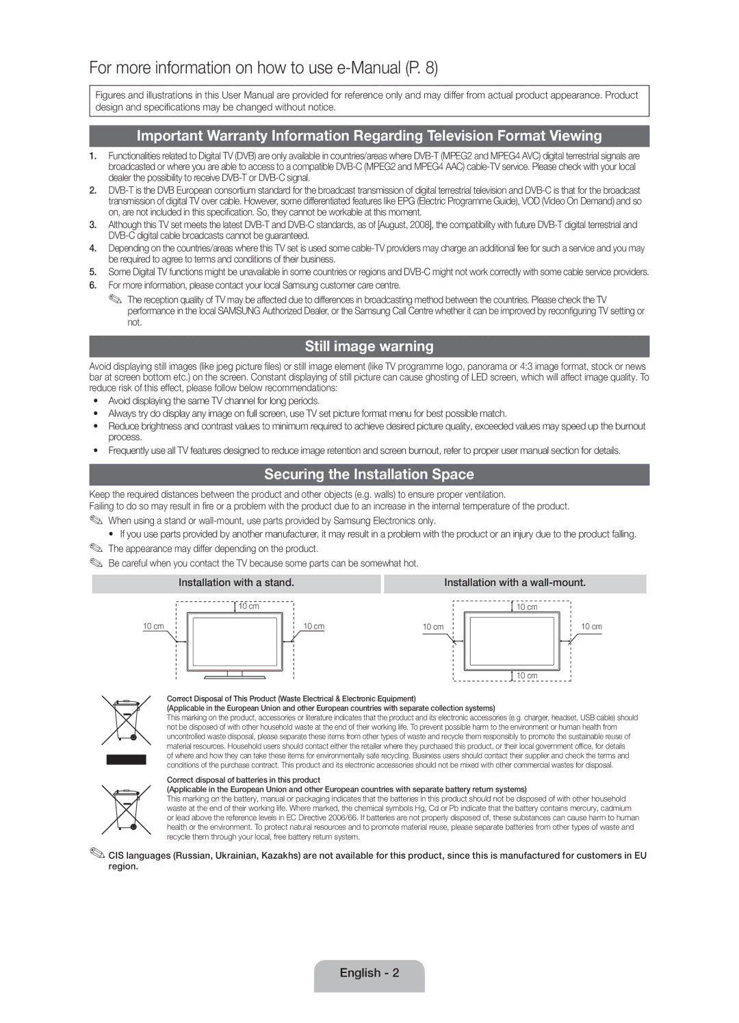 Samsung UE22ES5000WXZF manual Still image warning, Securing the Installation Space 