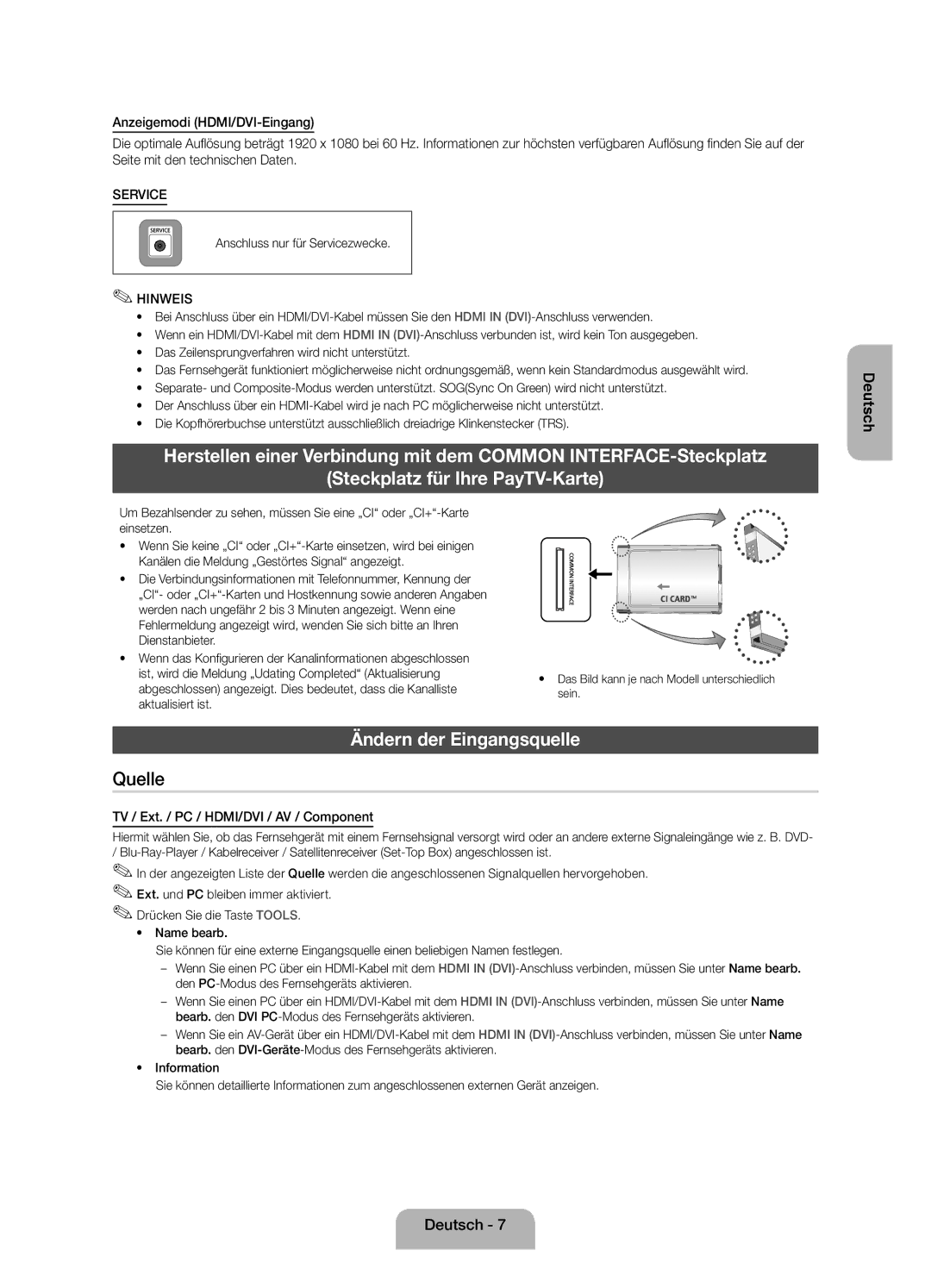 Samsung UE22ES5000WXZF manual Ändern der Eingangsquelle, Anschluss nur für Servicezwecke 