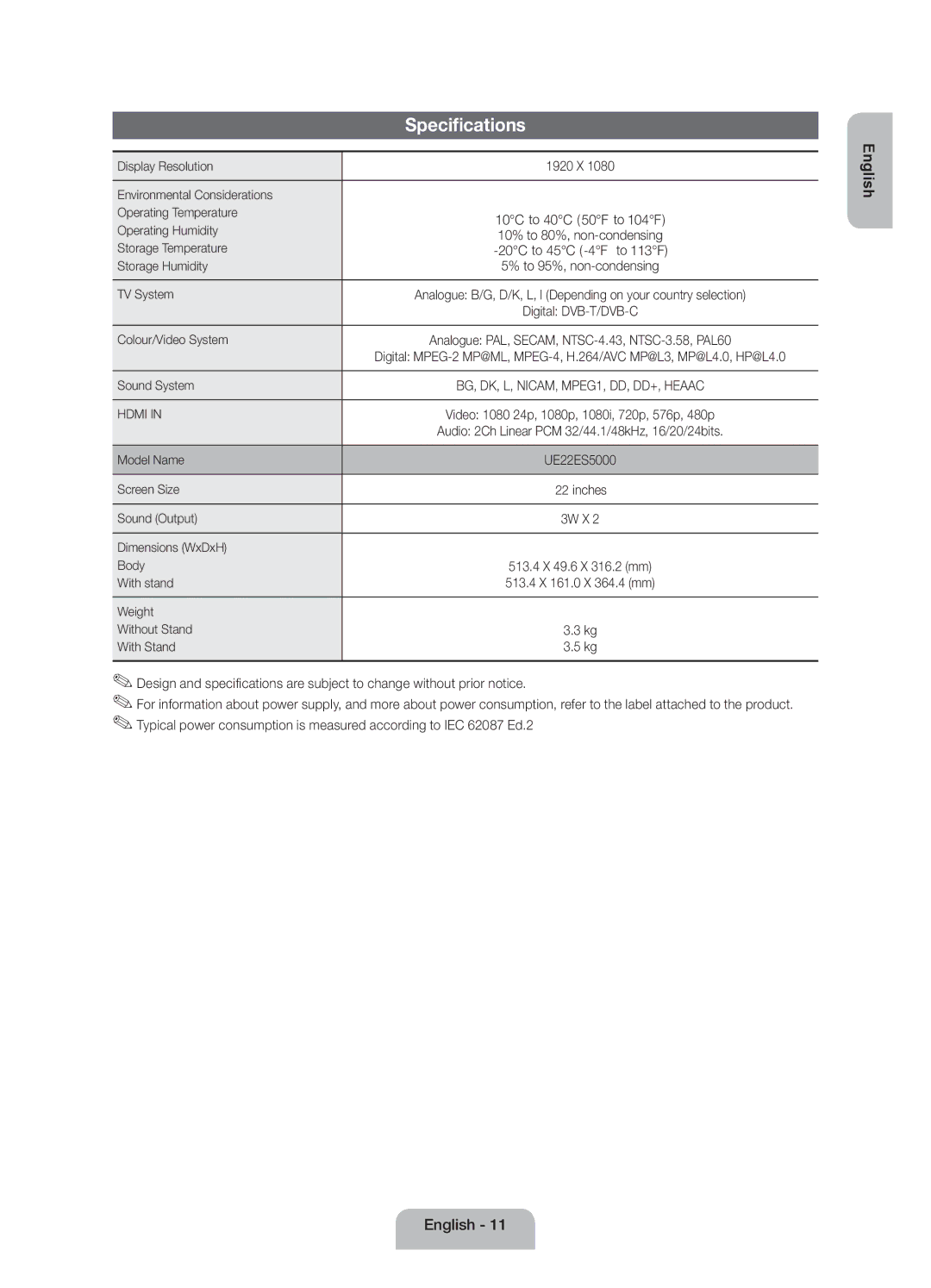 Samsung UE22ES5000WXBT, UE22ES5000WXZG, UE22ES5000WXXH manual Specifications 