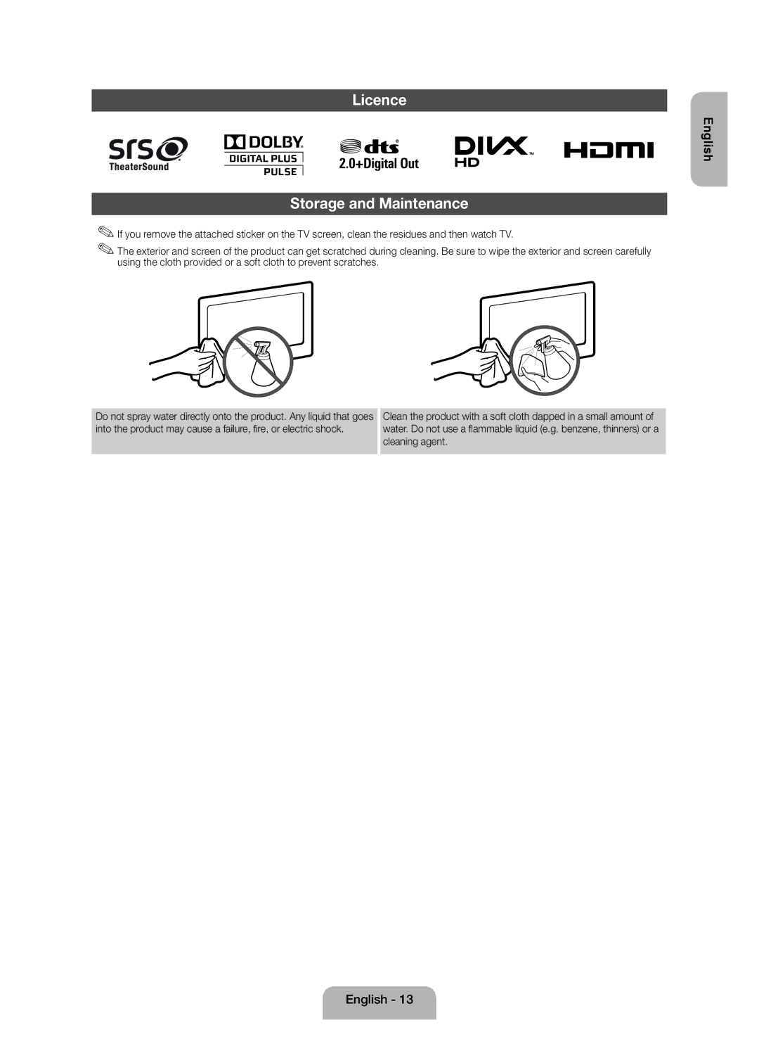 Samsung UE22ES5000WXXH, UE22ES5000WXZG, UE22ES5000WXBT manual Licence, Storage and Maintenance 