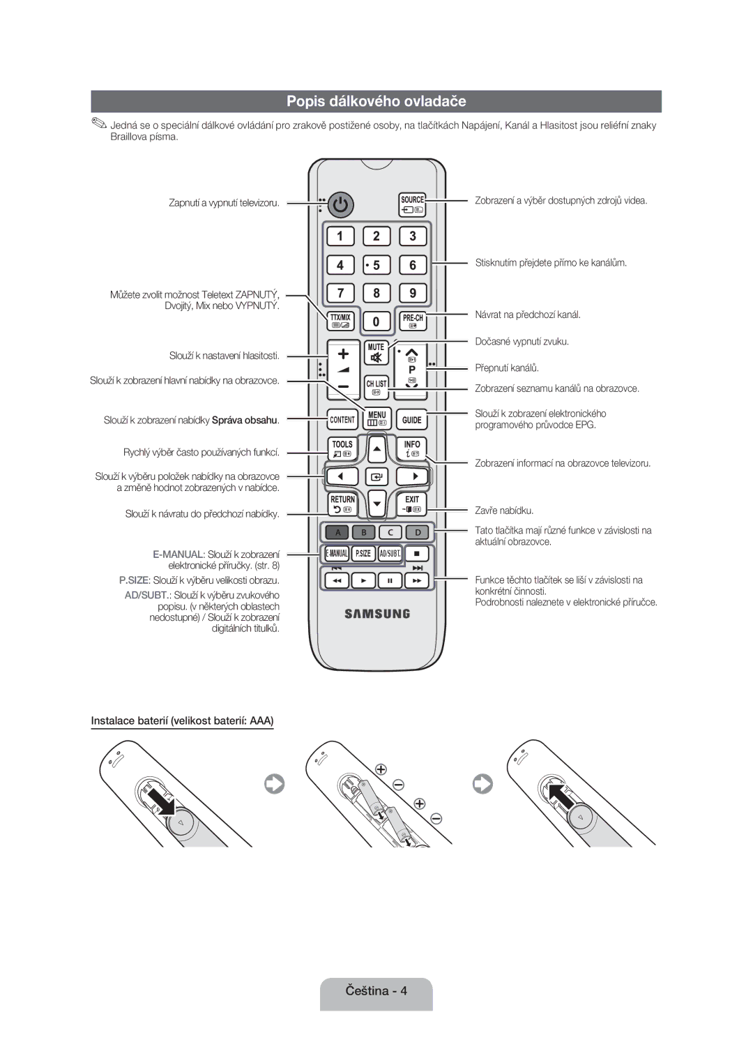 Samsung UE22ES5000WXXH, UE22ES5000WXZG, UE22ES5000WXBT Popis dálkového ovladače, Instalace baterií velikost baterií AAA 