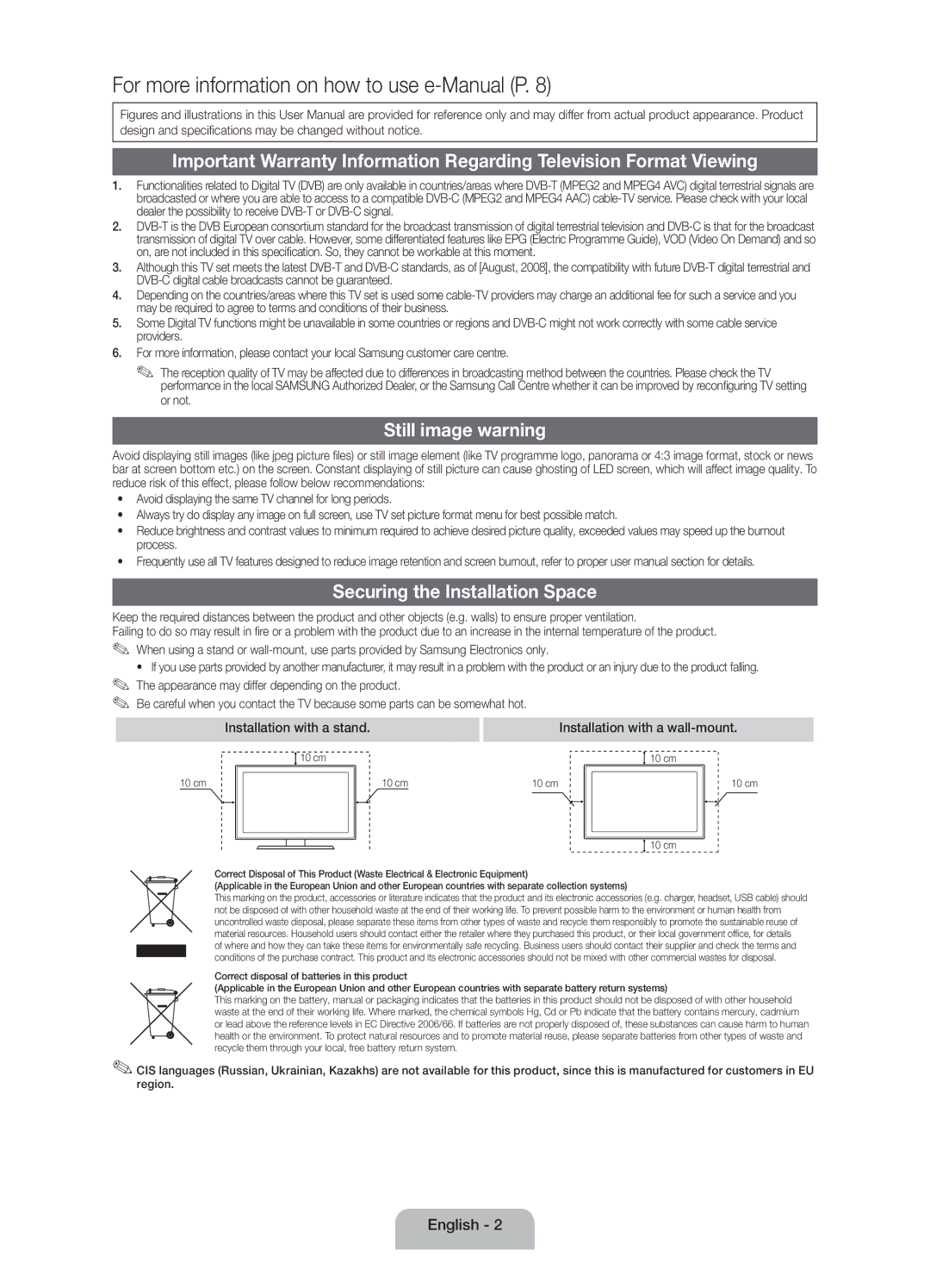 Samsung UE22ES5000WXBT, UE22ES5000WXZG, UE22ES5000WXXH manual Still image warning, Securing the Installation Space 