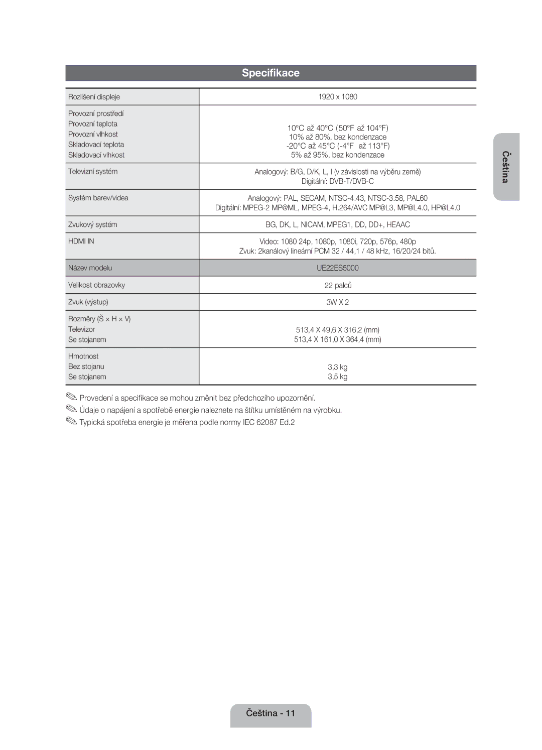 Samsung UE22ES5000WXBT, UE22ES5000WXZG, UE22ES5000WXXH manual Specifikace 