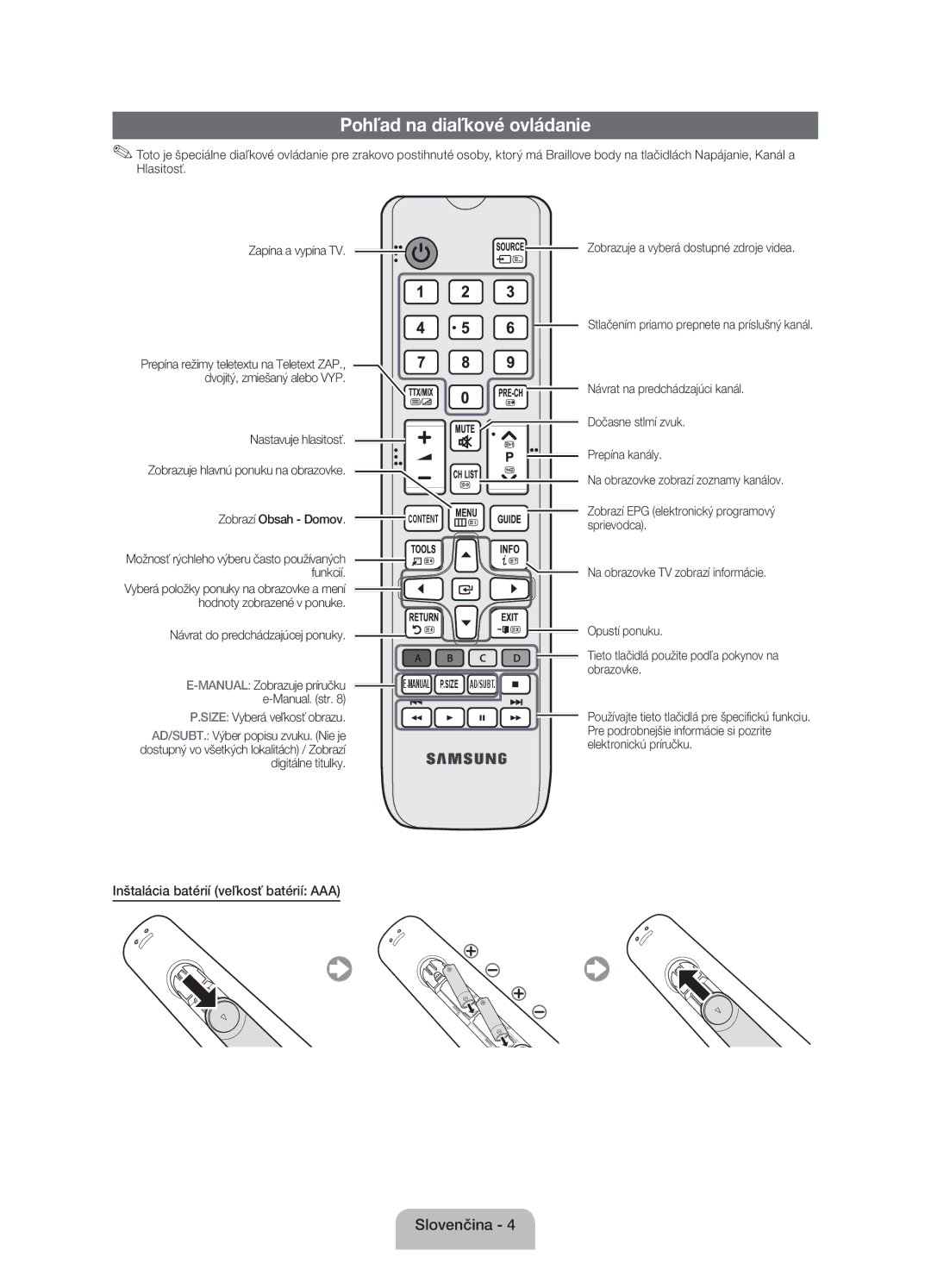 Samsung UE22ES5000WXXH, UE22ES5000WXZG, UE22ES5000WXBT Pohľad na diaľkové ovládanie, Inštalácia batérií veľkosť batérií AAA 