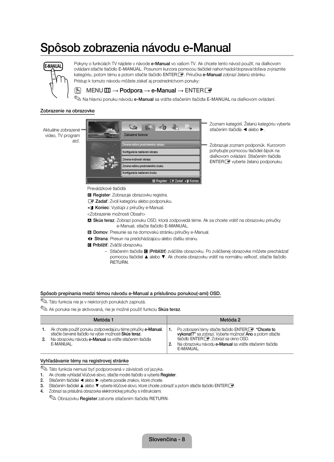 Samsung UE22ES5000WXBT, UE22ES5000WXZG manual Zobrazenie na obrazovke, Metóda, Vyhľadávanie témy na registrovej stránke 