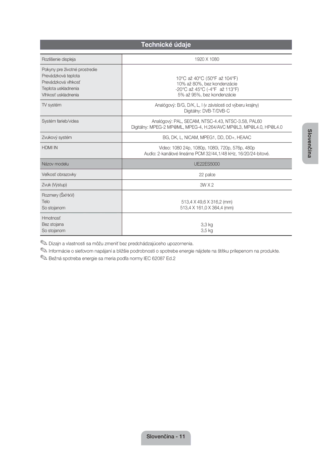 Samsung UE22ES5000WXBT, UE22ES5000WXZG, UE22ES5000WXXH manual Technické údaje 