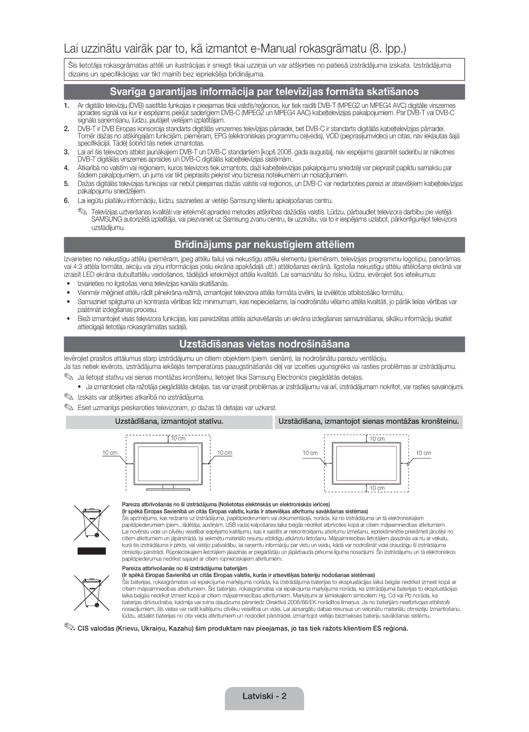 Samsung UE22ES5000WXBT, UE22ES5000WXZG manual Brīdinājums par nekustīgiem attēliem, Uzstādīšanas vietas nodrošināšana 