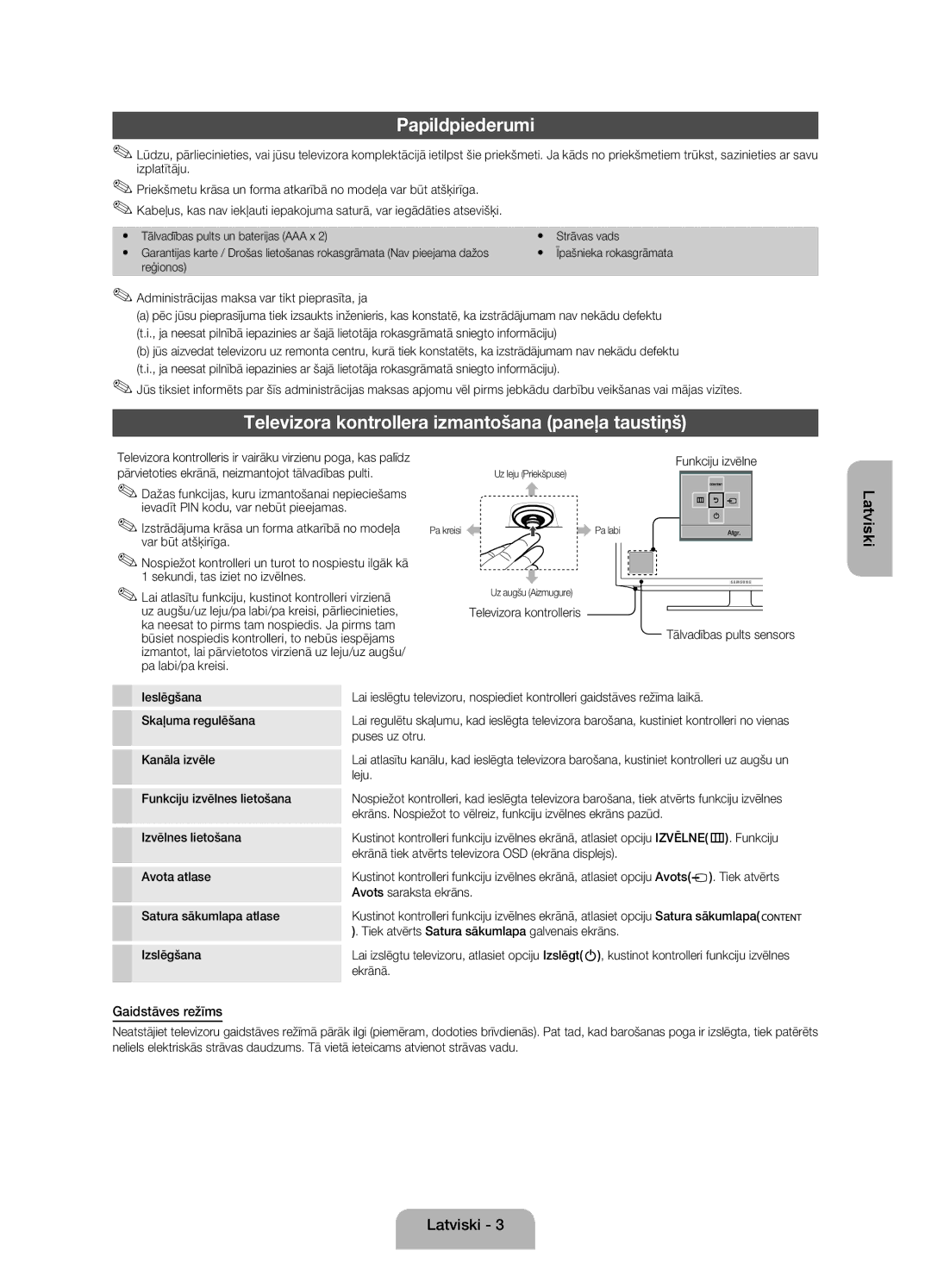 Samsung UE22ES5000WXZG manual Papildpiederumi, Televizora kontrollera izmantošana paneļa taustiņš, Gaidstāves režīms 