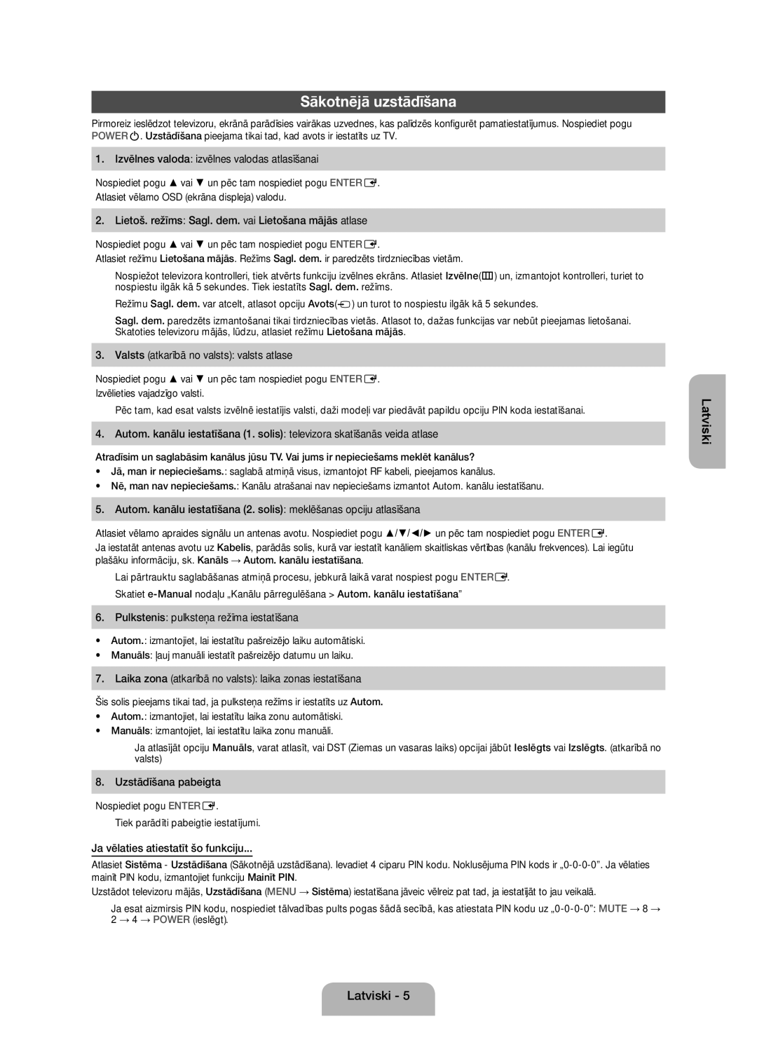 Samsung UE22ES5000WXBT, UE22ES5000WXZG, UE22ES5000WXXH manual Sākotnējā uzstādīšana 