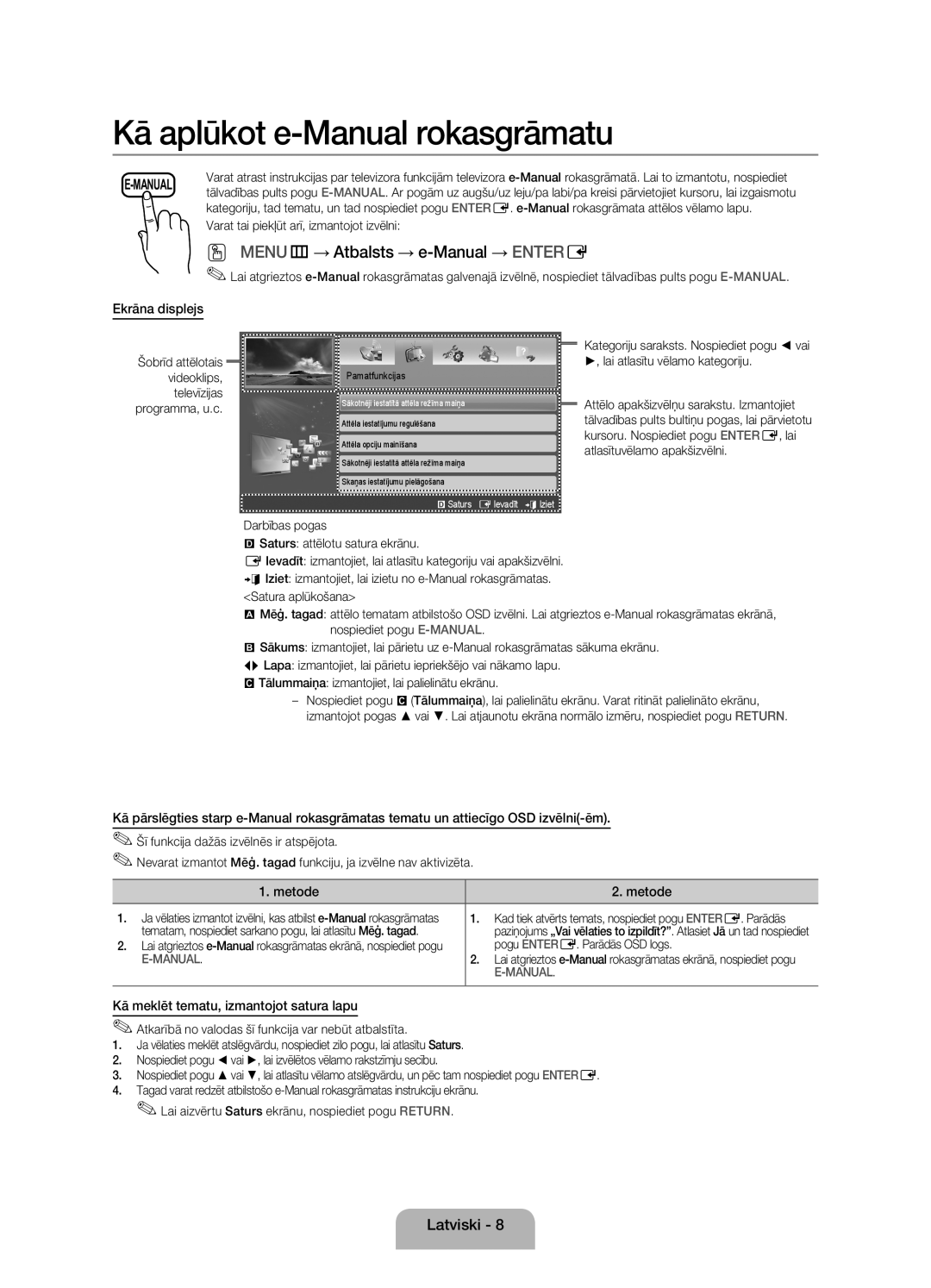 Samsung UE22ES5000WXBT, UE22ES5000WXZG, UE22ES5000WXXH Ekrāna displejs, Metode, Kā meklēt tematu, izmantojot satura lapu 