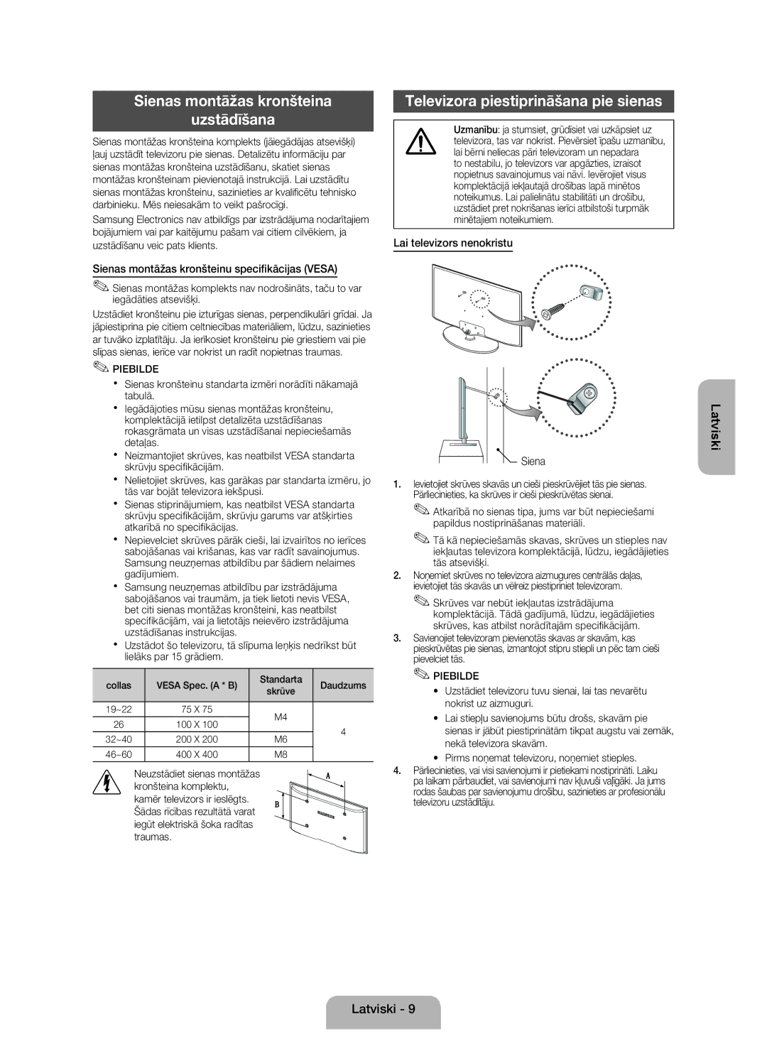 Samsung UE22ES5000WXZG, UE22ES5000WXXH manual Sienas montāžas kronšteina Uzstādīšana, Televizora piestiprināšana pie sienas 