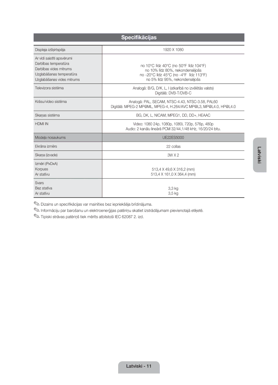 Samsung UE22ES5000WXBT, UE22ES5000WXZG, UE22ES5000WXXH manual Specifikācijas 