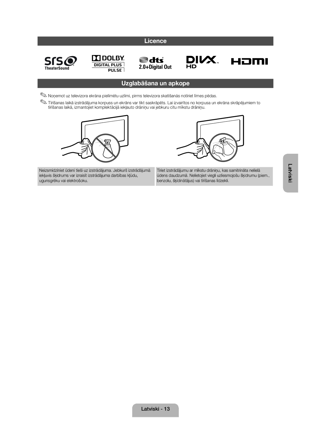 Samsung UE22ES5000WXXH, UE22ES5000WXZG, UE22ES5000WXBT manual Licence Uzglabāšana un apkope 