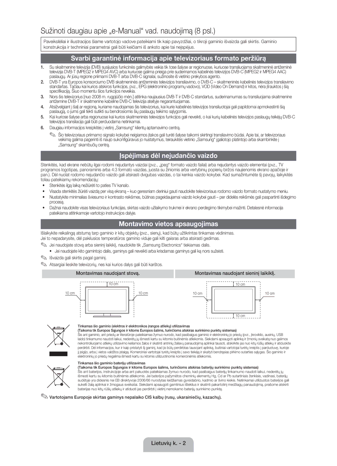 Samsung UE22ES5000WXBT, UE22ES5000WXZG, UE22ES5000WXXH manual Įspėjimas dėl nejudančio vaizdo, Montavimo vietos apsaugojimas 