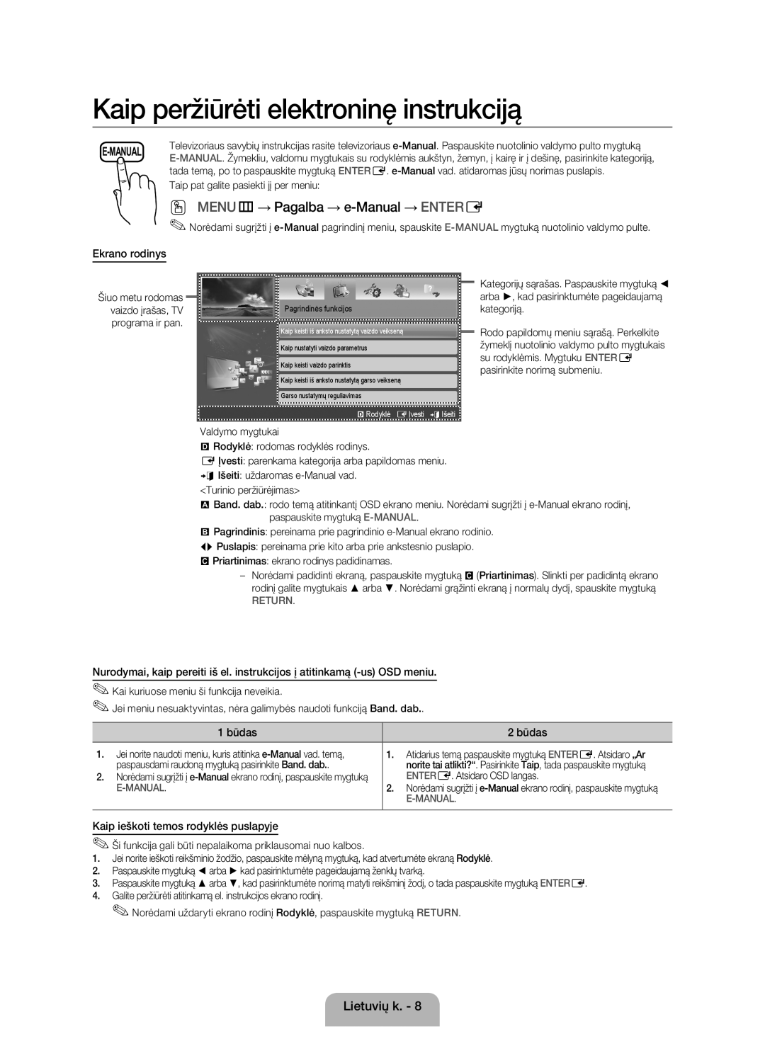 Samsung UE22ES5000WXBT, UE22ES5000WXZG, UE22ES5000WXXH manual Ekrano rodinys, Būdas, Kaip ieškoti temos rodyklės puslapyje 