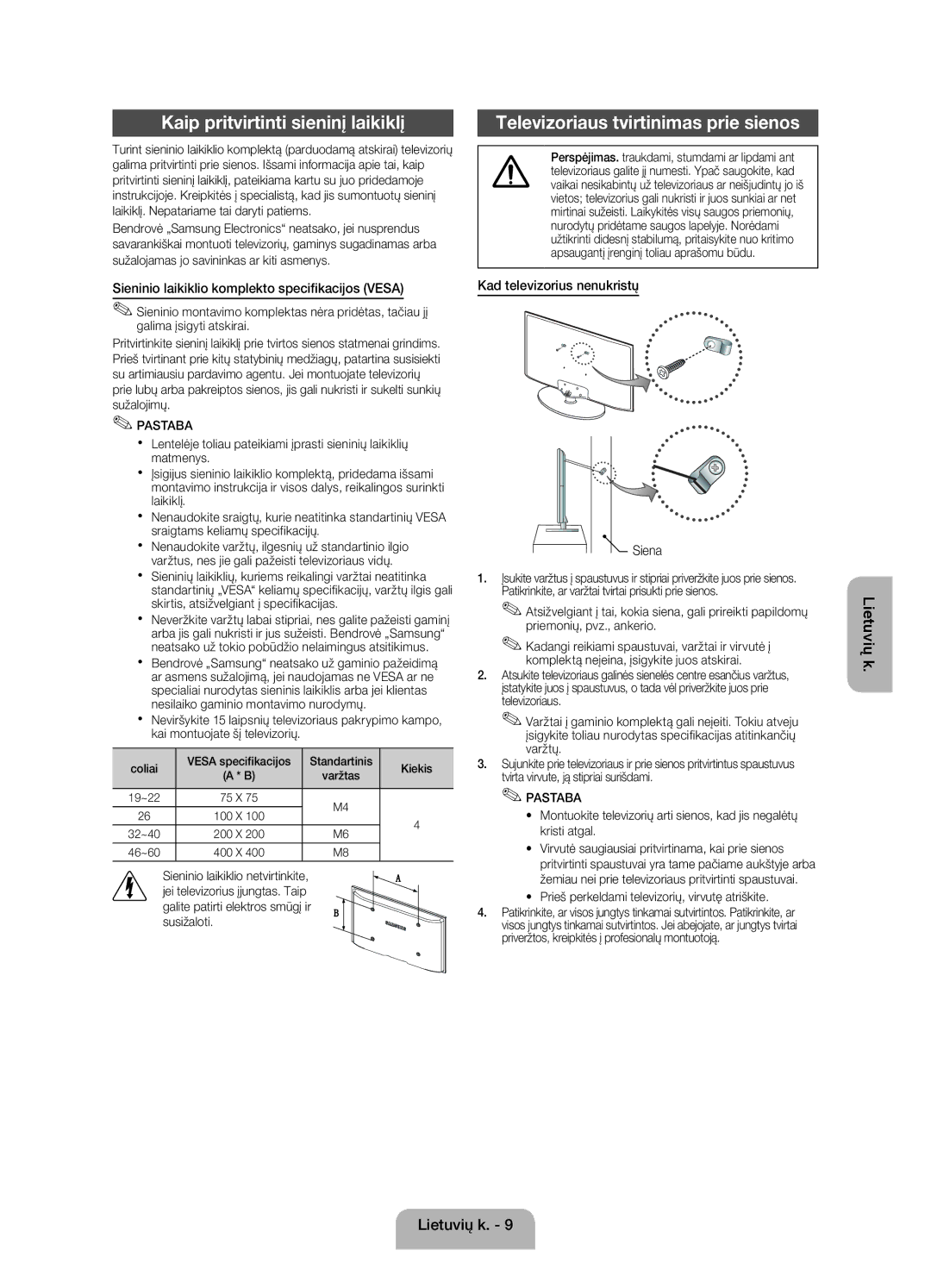 Samsung UE22ES5000WXZG, UE22ES5000WXXH manual Kaip pritvirtinti sieninį laikiklį, Televizoriaus tvirtinimas prie sienos 