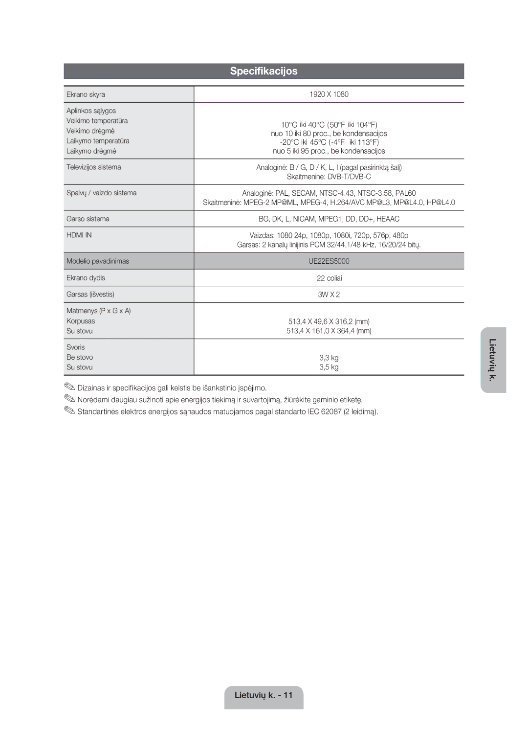 Samsung UE22ES5000WXBT, UE22ES5000WXZG, UE22ES5000WXXH manual Specifikacijos 