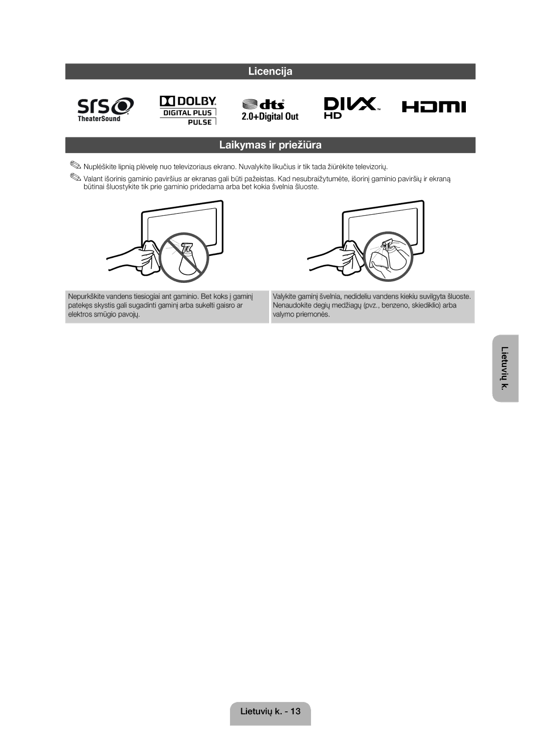 Samsung UE22ES5000WXXH, UE22ES5000WXZG, UE22ES5000WXBT manual Licencija Laikymas ir priežiūra 