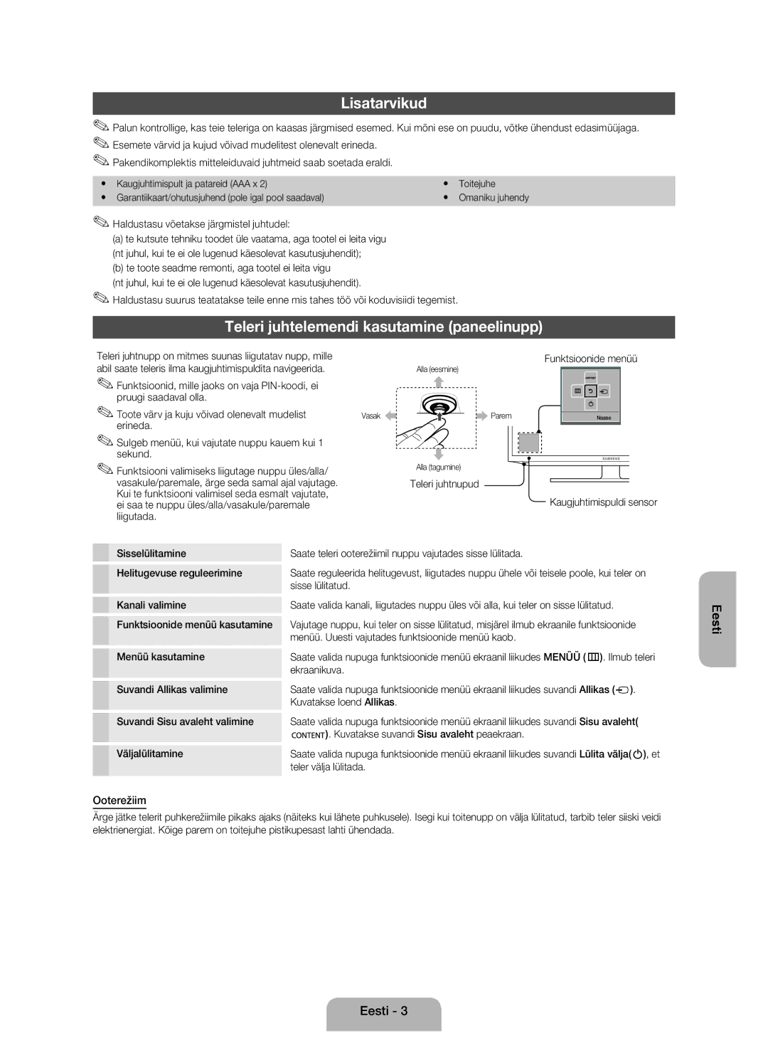 Samsung UE22ES5000WXZG, UE22ES5000WXXH, UE22ES5000WXBT Lisatarvikud, Teleri juhtelemendi kasutamine paneelinupp, Ooterežiim 