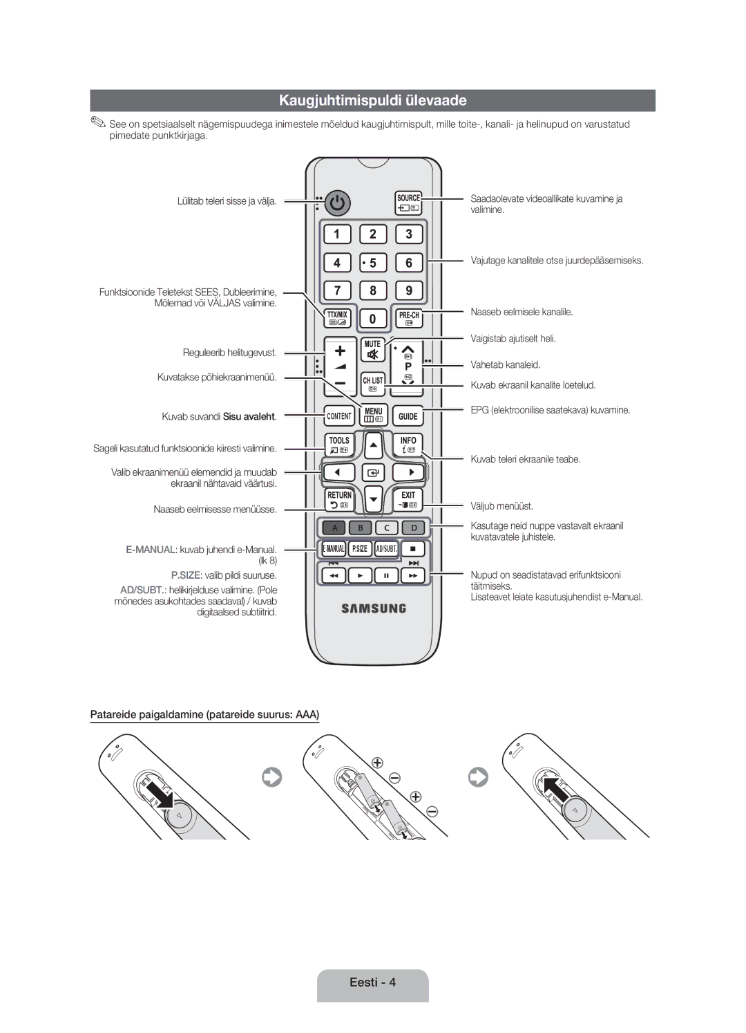 Samsung UE22ES5000WXXH, UE22ES5000WXZG manual Kaugjuhtimispuldi ülevaade, Patareide paigaldamine patareide suurus AAA 