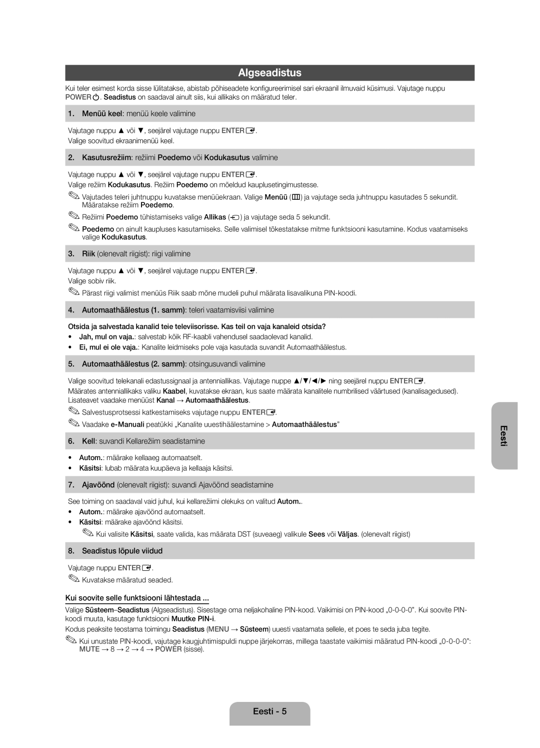 Samsung UE22ES5000WXBT, UE22ES5000WXZG, UE22ES5000WXXH manual Algseadistus 