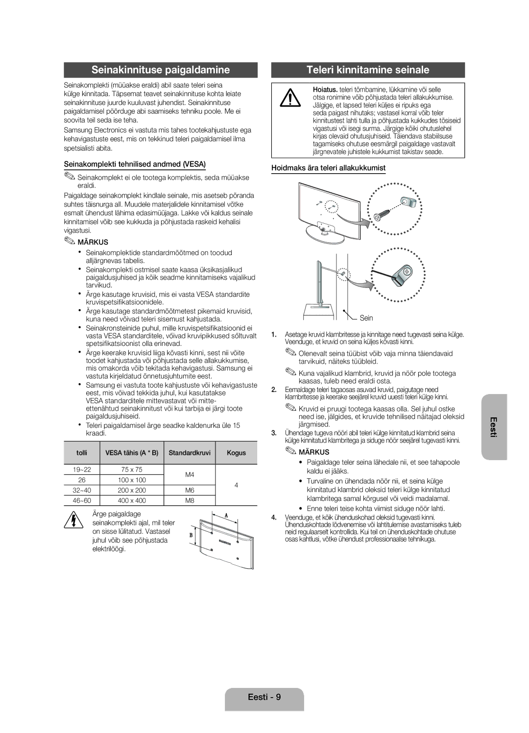 Samsung UE22ES5000WXZG Seinakinnituse paigaldamine, Teleri kinnitamine seinale, Seinakomplekti tehnilised andmed Vesa 