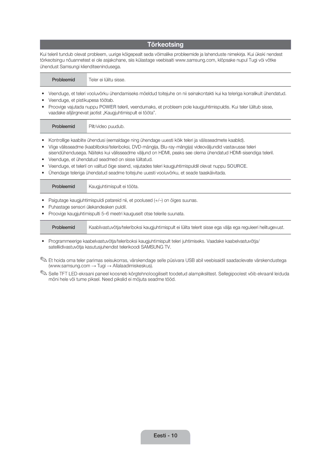 Samsung UE22ES5000WXXH, UE22ES5000WXZG, UE22ES5000WXBT manual Tõrkeotsing 