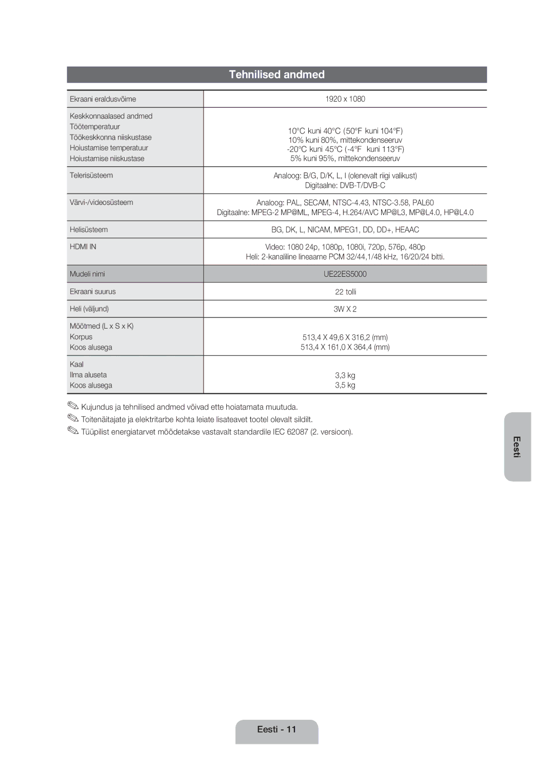 Samsung UE22ES5000WXBT, UE22ES5000WXZG, UE22ES5000WXXH manual Tehnilised andmed 