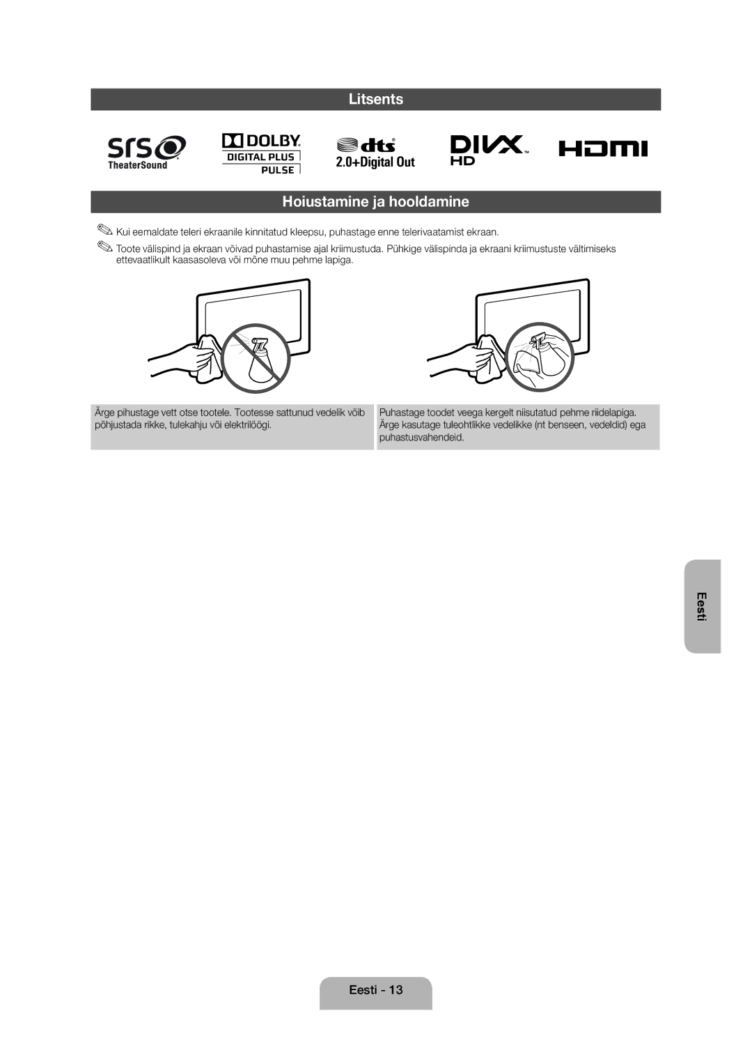 Samsung UE22ES5000WXXH, UE22ES5000WXZG, UE22ES5000WXBT manual Litsents Hoiustamine ja hooldamine 